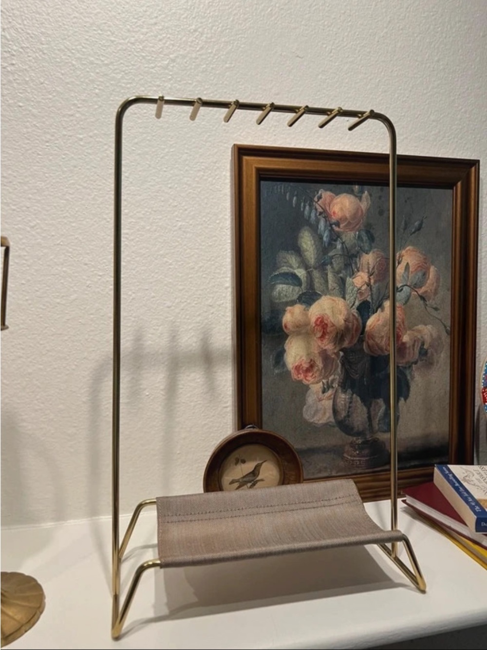 Gold Tone Jewelry Organizer Stand with Necklace Hooks &
Fabric Tray